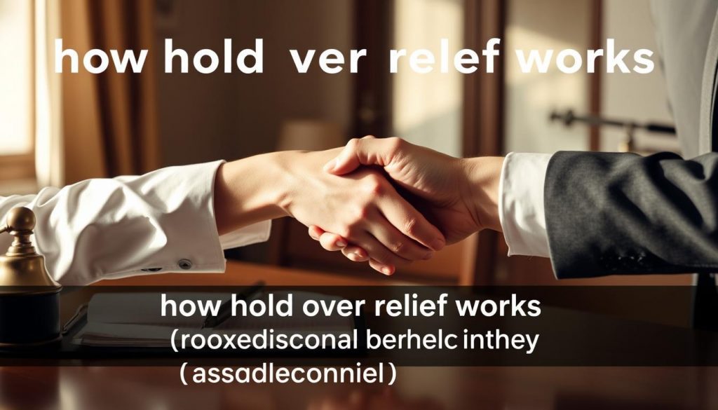 A professional notary's desk, crisp paperwork, and the symbolic handshake between two well-dressed individuals signifying the transfer of property ownership. Warm, natural lighting illuminates the scene, capturing the gravity and significance of the occasion. The background is softly blurred, focusing attention on the foreground transaction. Subtle shades of beige, brown, and gray create a timeless, formal atmosphere befitting the legal nature of the process. A sense of trust, security, and new beginnings permeates the image, reflecting the core themes of "how hold over relief works" for residential property.