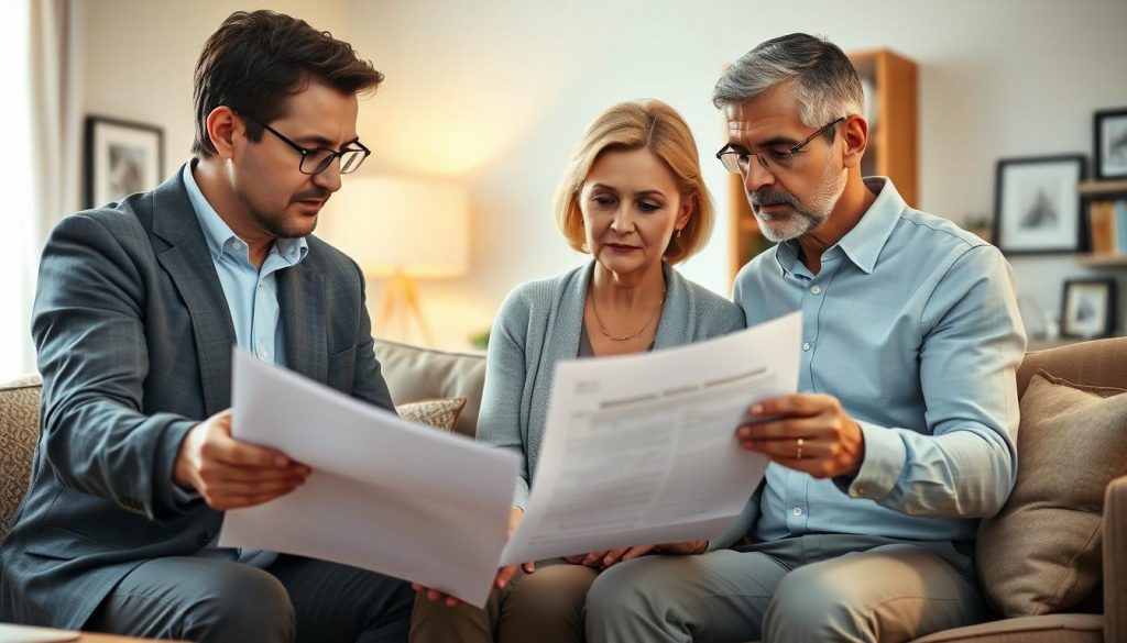 A professional tax advisor reviewing financial documents and discussing inheritance tax planning strategies with a middle-aged couple in their living room. Warm, soft lighting casts a contemplative mood as the trio review documents and consider options for minimizing tax burdens and preserving family wealth. The advisor gestures towards the documents, offering expertise and guidance. The couple listen intently, brows furrowed in concentration, considering the advisor's recommendations. Subtle details in the room - framed family photos, bookshelves, plush furniture - convey a sense of home and the importance of securing one's legacy. A professional tax advisor reviewing financial documents and discussing inheritance tax planning strategies with a middle-aged couple in their living room. Warm, soft lighting casts a contemplative mood as the trio review documents and consider options for minimizing tax burdens and preserving family wealth. The advisor gestures towards the documents, offering expertise and guidance. The couple listen intently, brows furrowed in concentration, considering the advisor's recommendations. Subtle details in the room - framed family photos, bookshelves, plush furniture - convey a sense of home and the importance of securing one's legacy.