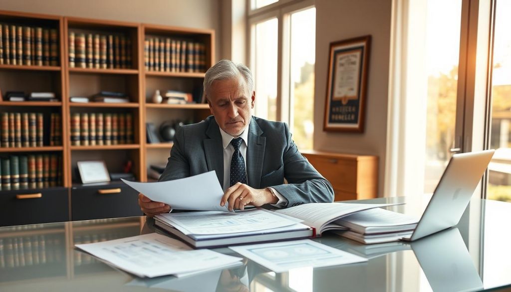 A professional trustee sits at a sleek, modern desk, carefully reviewing financial statements and investment portfolios. The scene is bathed in warm, natural light from large windows, creating a serene and authoritative atmosphere. In the background, a bookshelf filled with financial volumes and a framed certificate of the trustee's credentials suggest their expertise and dedication to their fiduciary responsibilities. The trustee's expression is one of focused concentration, underscoring the gravity and importance of their role in preserving and growing the trust's assets for the beneficiaries. A professional trustee sits at a sleek, modern desk, carefully reviewing financial statements and investment portfolios. The scene is bathed in warm, natural light from large windows, creating a serene and authoritative atmosphere. In the background, a bookshelf filled with financial volumes and a framed certificate of the trustee's credentials suggest their expertise and dedication to their fiduciary responsibilities. The trustee's expression is one of focused concentration, underscoring the gravity and importance of their role in preserving and growing the trust's assets for the beneficiaries.