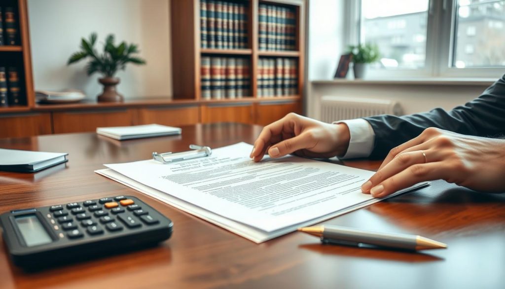 A professional, well-lit office setting with a wooden desk and a stack of legal documents, a calculator, and a pen. In the foreground, a person's hands are reviewing the documents, conveying the careful consideration required for a lasting power of attorney. The background features shelves of legal books and a window, suggesting the expertise and authority associated with this legal process. The overall atmosphere is one of diligence, precision, and the importance of seeking professional guidance for this critical legal matter.