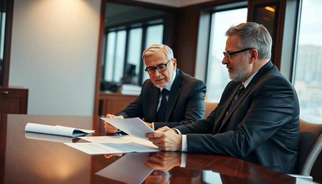 A professional, well-lit office setting with three middle-aged individuals in smart business attire seated around a polished wooden table, engaged in a thoughtful discussion. The lighting is warm and inviting, casting a soft glow on their faces as they review documents and consider financial strategies. The background is subtly blurred, allowing the focus to remain on the individuals and their trusted advisor relationship. The scene conveys a sense of expertise, diligence, and a commitment to providing sound financial guidance. A professional, well-lit office setting with three middle-aged individuals in smart business attire seated around a polished wooden table, engaged in a thoughtful discussion. The lighting is warm and inviting, casting a soft glow on their faces as they review documents and consider financial strategies. The background is subtly blurred, allowing the focus to remain on the individuals and their trusted advisor relationship. The scene conveys a sense of expertise, diligence, and a commitment to providing sound financial guidance.