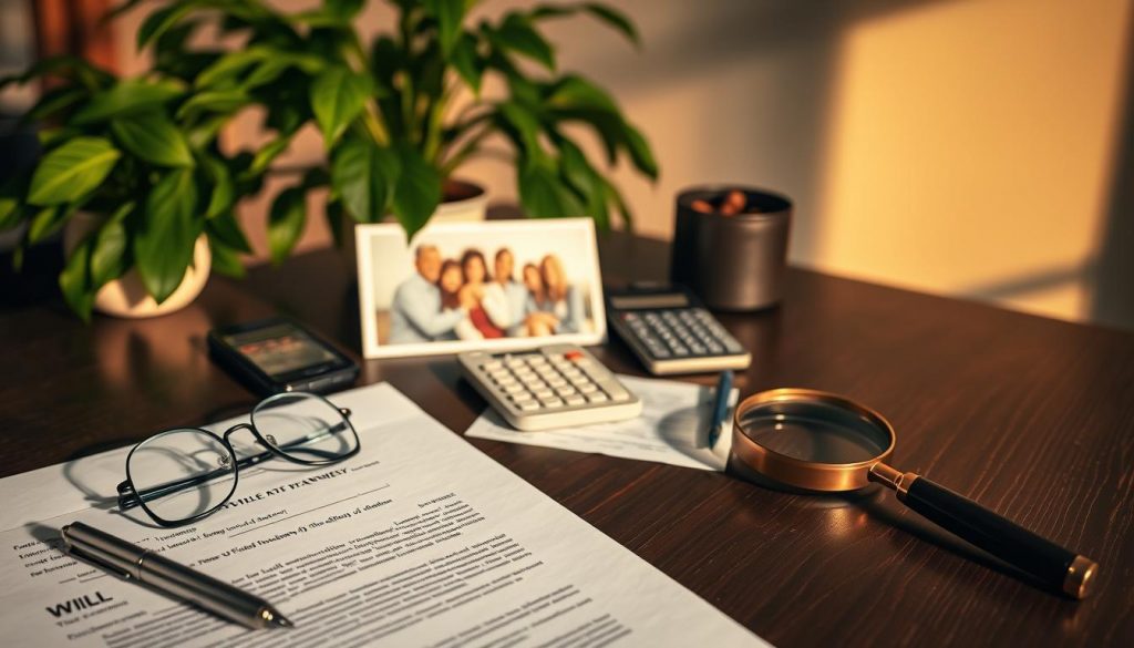 A professionally photographed still life image of key estate planning components arranged on a dark wooden table. In the foreground, a metal pen, glasses, and legal documents such as a will, trust, and power of attorney. In the middle ground, a family photo, a calculator, and a magnifying glass. In the background, a lush houseplant and warm, directional lighting casting soft shadows. The overall mood is one of organization, security, and attention to detail, reflecting the importance of comprehensive estate planning. A professionally photographed still life image of key estate planning components arranged on a dark wooden table. In the foreground, a metal pen, glasses, and legal documents such as a will, trust, and power of attorney. In the middle ground, a family photo, a calculator, and a magnifying glass. In the background, a lush houseplant and warm, directional lighting casting soft shadows. The overall mood is one of organization, security, and attention to detail, reflecting the importance of comprehensive estate planning.