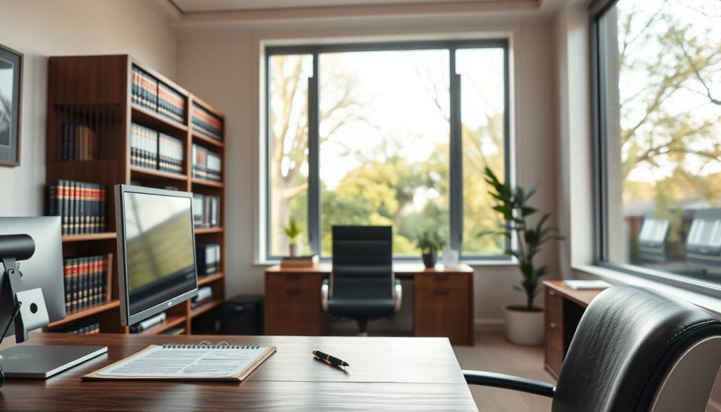 A secure estate planning office with a clean, modern design. In the foreground, a well-organized desk showcases a desktop computer, a legal document, and a pen. The middle ground features a floor-to-ceiling bookshelf filled with legal tomes and binders. The background depicts a large window overlooking a tranquil, tree-lined neighborhood, bathed in soft, diffused natural lighting. The overall atmosphere conveys a sense of professionalism, reliability, and attention to detail - essential qualities for effective estate planning.