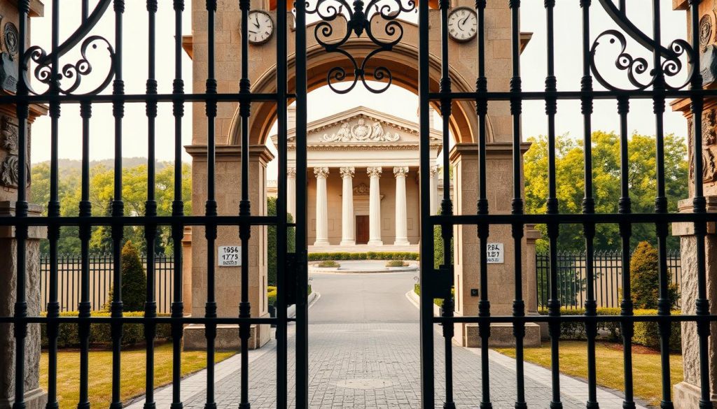 A secure, well-crafted trust structure with intricate architectural details, symbolizing the stability and reliability of an investment property holding. The foreground features a sturdy, ornate gateway, its iron bars and stone columns conveying a sense of strength and protection. In the middle ground, a majestic, neoclassical-style building stands tall, its columns and symmetrical facade exuding an air of timelessness and trust. The background is a serene, verdant landscape, suggesting the tranquility and long-term security of the investment. The lighting is soft and warm, lending an aura of comfort and reliability. The overall composition evokes a sense of stability, security, and the enduring nature of a well-managed property investment trust.