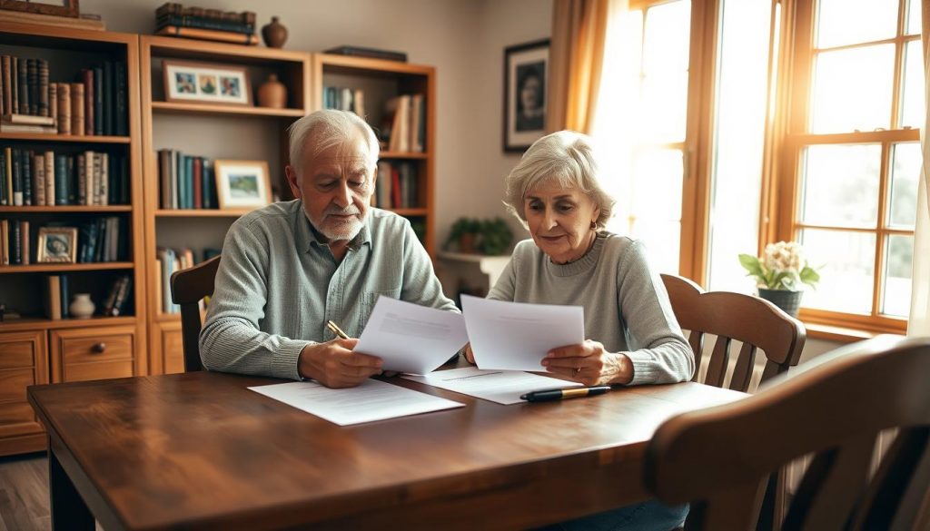 A senior couple sitting at a wooden table, reviewing and signing legal documents, surrounded by a well-lit, cozy home office setting. Warm, natural lighting streams through a window, casting a soft glow. Bookshelves and framed artwork adorn the walls, conveying a sense of wisdom and experience. The couple's expressions are focused yet serene, as they meticulously fill out the forms to establish their lasting power of attorney. An air of care and responsibility pervades the scene, reflecting the gravity of the decision they are making to safeguard their future. A senior couple sitting at a wooden table, reviewing and signing legal documents, surrounded by a well-lit, cozy home office setting. Warm, natural lighting streams through a window, casting a soft glow. Bookshelves and framed artwork adorn the walls, conveying a sense of wisdom and experience. The couple's expressions are focused yet serene, as they meticulously fill out the forms to establish their lasting power of attorney. An air of care and responsibility pervades the scene, reflecting the gravity of the decision they are making to safeguard their future.