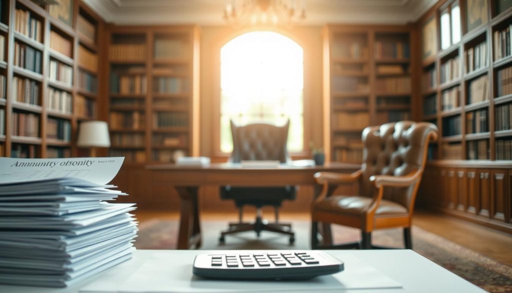 A serene and elegant image of annuity options. In the foreground, a stack of neatly organized financial documents and a calculator against a clean white background, symbolizing the careful planning and analysis involved. In the middle ground, a stately oak desk with a plush leather chair, evoking the professionalism and expertise of a financial advisor. In the background, a warm, softly lit room with floor-to-ceiling bookshelves, conveying a sense of wisdom and experience. Subtle lighting from a large window casts a warm, natural glow across the scene, creating a calming and reassuring atmosphere. The overall composition emphasizes the thoughtful, tailored approach to securing one's financial future through annuity options. A serene and elegant image of annuity options. In the foreground, a stack of neatly organized financial documents and a calculator against a clean white background, symbolizing the careful planning and analysis involved. In the middle ground, a stately oak desk with a plush leather chair, evoking the professionalism and expertise of a financial advisor. In the background, a warm, softly lit room with floor-to-ceiling bookshelves, conveying a sense of wisdom and experience. Subtle lighting from a large window casts a warm, natural glow across the scene, creating a calming and reassuring atmosphere. The overall composition emphasizes the thoughtful, tailored approach to securing one's financial future through annuity options.