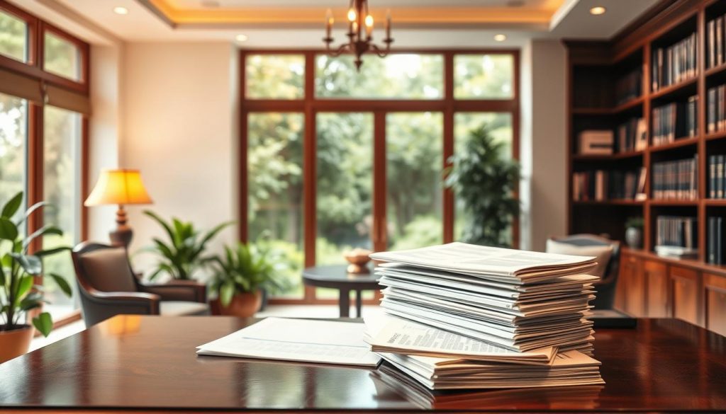 A serene and elegant office interior, with warm lighting and refined furnishings. In the foreground, a well-appointed desk showcases a stack of financial documents, signifying the importance of inheritance tax planning. Behind it, a large window offers a view of a lush, verdant garden, symbolizing the growth and preservation of family wealth. Bookshelves line the walls, hinting at the wealth of knowledge and expertise available to guide the viewer through the complexities of trust-based strategies. The atmosphere exudes a sense of professionalism, trust, and financial security, inviting the viewer to explore the possibilities of effective inheritance tax planning.