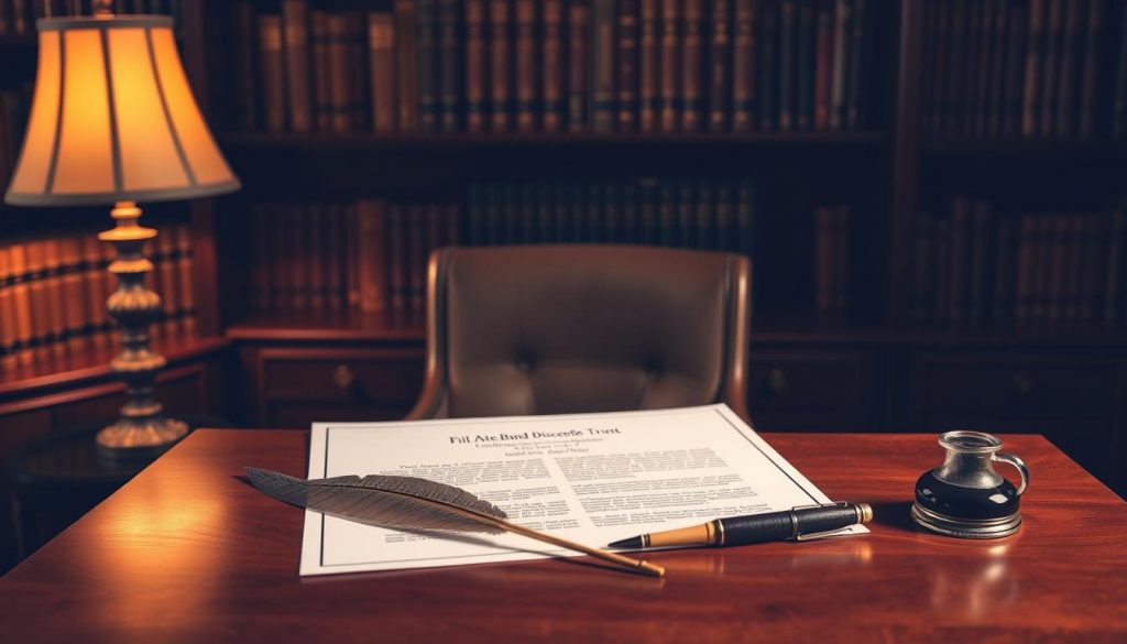 A serene and elegantly crafted Nil Rate Band Discretionary Will Trust, set against a warm, dimly lit study. The document sits atop a rich, mahogany desk, surrounded by stately bookshelves and a classic table lamp casting a soft, amber glow. A quill pen and inkwell rest nearby, suggesting the careful, thoughtful preparation of this important legal instrument. The overall atmosphere conveys a sense of gravitas, discretion, and the weight of generational wealth transfer. The composition is balanced, with the trust document as the clear focal point, framed by the refined, traditional decor of the study. A serene and elegantly crafted Nil Rate Band Discretionary Will Trust, set against a warm, dimly lit study. The document sits atop a rich, mahogany desk, surrounded by stately bookshelves and a classic table lamp casting a soft, amber glow. A quill pen and inkwell rest nearby, suggesting the careful, thoughtful preparation of this important legal instrument. The overall atmosphere conveys a sense of gravitas, discretion, and the weight of generational wealth transfer. The composition is balanced, with the trust document as the clear focal point, framed by the refined, traditional decor of the study.