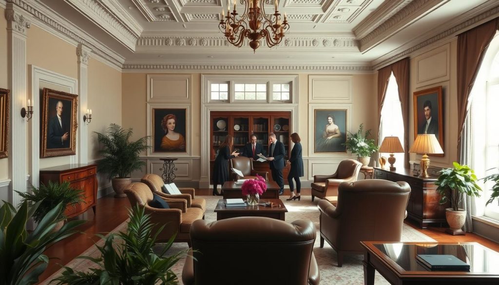 A serene and inviting law office, with a warm and professional atmosphere. A classical Georgian-style building with intricate architectural details, perfectly manicured gardens, and a grand, welcoming entrance. Inside, the lobby is spacious and well-lit, with plush leather chairs, polished oak furniture, and tasteful art adorning the walls. In the background, a team of experienced attorneys huddle over documents, discussing strategies to ensure their clients' financial futures are secured. Soft, natural lighting filters through large windows, casting a comforting glow over the entire scene. The overall impression is one of trust, expertise, and a steadfast commitment to preserving family legacies. A serene and inviting law office, with a warm and professional atmosphere. A classical Georgian-style building with intricate architectural details, perfectly manicured gardens, and a grand, welcoming entrance. Inside, the lobby is spacious and well-lit, with plush leather chairs, polished oak furniture, and tasteful art adorning the walls. In the background, a team of experienced attorneys huddle over documents, discussing strategies to ensure their clients' financial futures are secured. Soft, natural lighting filters through large windows, casting a comforting glow over the entire scene. The overall impression is one of trust, expertise, and a steadfast commitment to preserving family legacies.