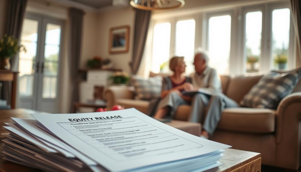 A serene and inviting living room with plush furniture, sunlight streaming through large windows, and an elderly couple enjoying a conversation. In the foreground, a stack of financial documents, representing the potential advantages of equity release, such as increased retirement funds, reduced inheritance tax, and the ability to maintain one's current lifestyle. The lighting is warm and natural, creating a sense of comfort and security. The composition is balanced, with the financial documents drawing the viewer's attention while the couple's relaxed demeanor conveys the benefits of this financial option. A serene and inviting living room with plush furniture, sunlight streaming through large windows, and an elderly couple enjoying a conversation. In the foreground, a stack of financial documents, representing the potential advantages of equity release, such as increased retirement funds, reduced inheritance tax, and the ability to maintain one's current lifestyle. The lighting is warm and natural, creating a sense of comfort and security. The composition is balanced, with the financial documents drawing the viewer's attention while the couple's relaxed demeanor conveys the benefits of this financial option.