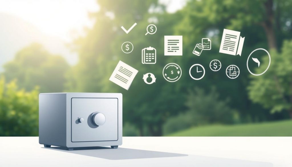 A serene and minimalist illustration showcasing alternative financial instruments to traditional trusts. In the foreground, a sleek modern safe or lockbox representing secure asset storage. In the middle ground, various financial documents and symbols, such as dollar signs, charts, and contract seals, conveying alternative wealth management solutions. The background depicts a tranquil, natural setting with lush greenery and soft, diffused lighting, evoking a sense of stability and long-term sustainability. The overall composition strikes a balance between practicality and elegance, reflecting the versatility of the alternatives to trusts.