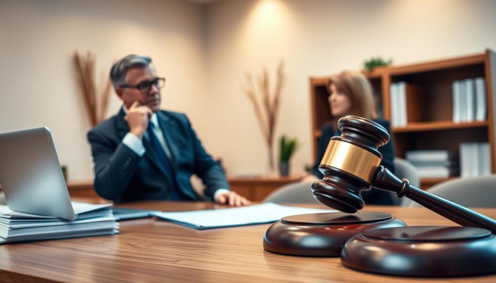 A serene and professional office setting, featuring a wooden desk with a laptop, a stack of documents, and a gavel symbolizing legal authority. In the foreground, two adult figures - one in a suit, the other in business attire - are engaged in a thoughtful discussion, their expressions conveying a sense of responsibility and diligence. The background is softly lit, with warm hues and subtle decorative elements, suggesting an atmosphere of trust and capable management of legal affairs. The entire scene is captured through a lens that emphasizes the importance and gravitas of the Lasting Power of Attorney process. A serene and professional office setting, featuring a wooden desk with a laptop, a stack of documents, and a gavel symbolizing legal authority. In the foreground, two adult figures - one in a suit, the other in business attire - are engaged in a thoughtful discussion, their expressions conveying a sense of responsibility and diligence. The background is softly lit, with warm hues and subtle decorative elements, suggesting an atmosphere of trust and capable management of legal affairs. The entire scene is captured through a lens that emphasizes the importance and gravitas of the Lasting Power of Attorney process.