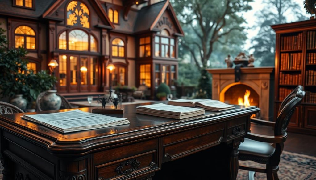 A serene and stately home nestled among lush gardens, its grand architecture bathed in warm, golden light. In the foreground, an ornate, antique-styled wooden desk with intricate carvings, the centerpiece of a cozy study. Atop the desk, documents and ledgers speak of the wealth and legacy being carefully managed. Beyond the desk, bookshelves line the walls, their leather-bound volumes hinting at the knowledge and expertise within. A crackling fireplace casts a soft glow, creating an atmosphere of quiet contemplation. This scene embodies the thoughtful planning and strategic safeguarding of one's family inheritance.