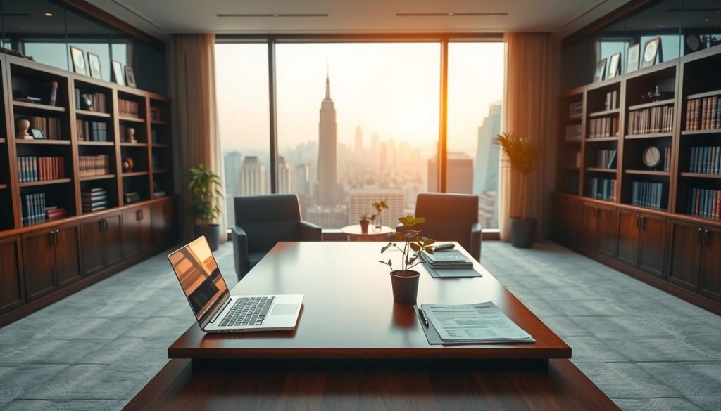 A serene and tranquil image of a beautifully designed asset management office. The foreground depicts a polished wooden desk with a laptop, financial documents, and a small potted plant, bathed in warm, natural lighting from a large window. The middle ground showcases elegant bookshelves lining the walls, filled with financial tomes and awards. The background features a panoramic view of a bustling city skyline, reflecting the wealth and stability of the firm. The overall atmosphere exudes professionalism, expertise, and a sense of security, perfectly capturing the essence of a trust fund management service.