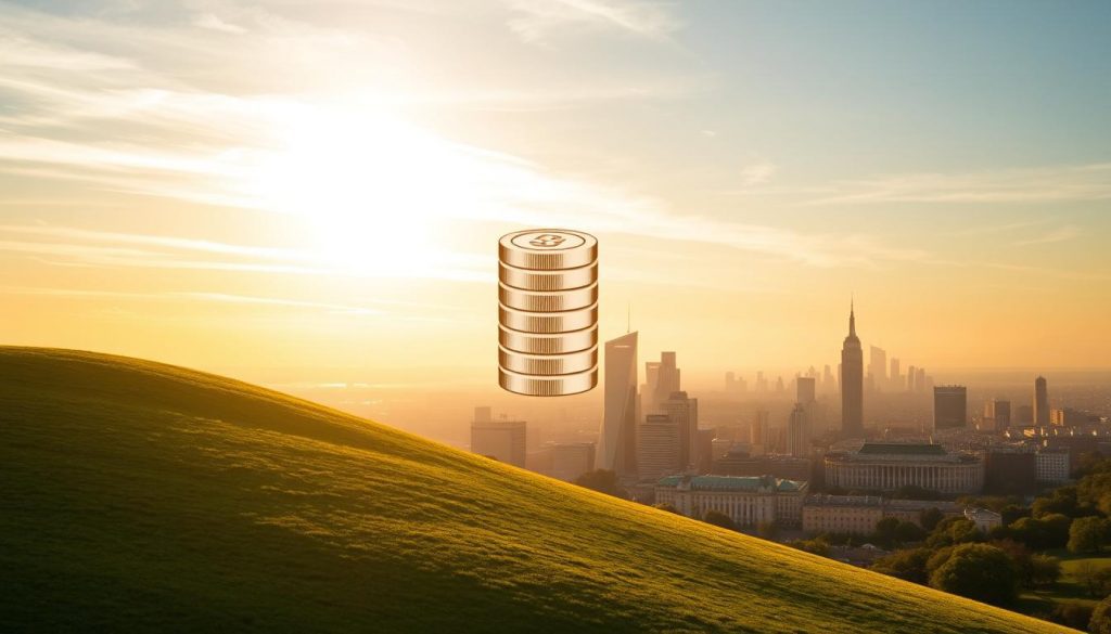 A serene and tranquil landscape with a rolling green hill in the foreground, a radiant sun peeking through wispy clouds in the middle ground, and a picturesque cityscape of towering skyscrapers and elegant architecture in the background. The scene is bathed in warm, golden light, creating a sense of prosperity and financial stability. In the center of the frame, a stylized graphic of a stack of coins or a bar chart representing capital gains tax relief gradually fades into the scene, seamlessly integrating with the overall composition. The image evokes a sense of financial security, optimism, and the potential for growth and prosperity.