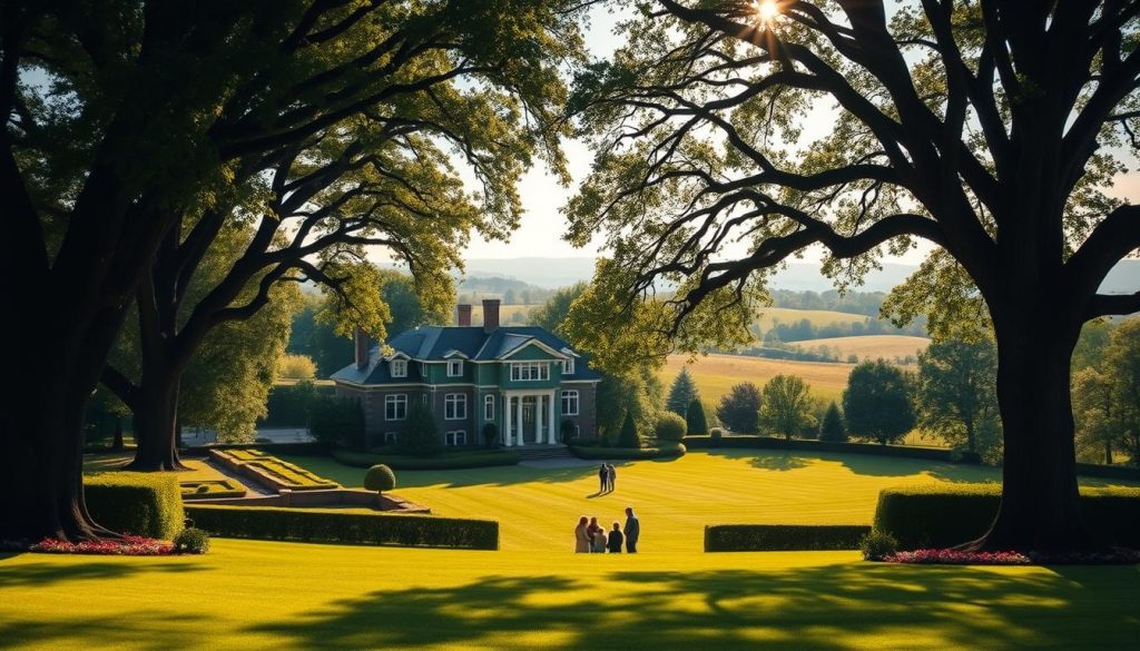 A serene and tranquil scene depicting the advantages of holding investment property in a family trust. In the foreground, a well-manicured estate with a grand, stately manor house nestled among lush, verdant grounds. Towering oak trees and neatly trimmed hedges frame the scene, creating a sense of privacy and security. In the middle ground, a family gathers on the sprawling lawn, enjoying the peaceful outdoor setting. Sunlight filters through the leaves, casting a warm, golden glow over the scene. In the background, rolling hills and a distant horizon suggest the property's expansive reach and the financial stability it provides. The overall mood is one of comfort, protection, and the confidence that comes with safeguarding one's investments for the benefit of future generations.