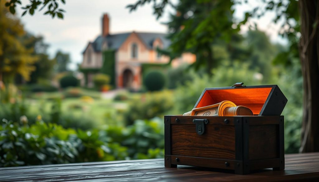A serene and tranquil scene depicting the benefits of setting up a trust. In the foreground, a well-crafted wooden chest symbolizing the secure safekeeping of assets, illuminated by warm, golden light. The middle ground features a lush, verdant garden, representing the growth and flourishing of wealth under the trust's protection. In the background, a stately manor house stands tall, conveying a sense of stability and legacy. The overall composition evokes a feeling of trust, security, and the preservation of one's wealth for generations to come. Soft, diffused lighting and a harmonious color palette create a calming, inviting atmosphere.