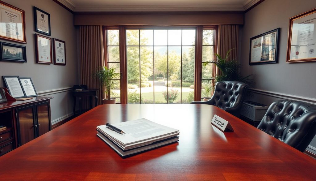 A serene and well-lit office setting, with a large wooden desk at the center. On the desk, a stack of important documents, a pen, and a nameplate that reads "Trustee". In the background, a large window overlooking a tranquil garden, with sunlight streaming in and casting a warm glow. The walls are adorned with framed certificates and awards, conveying a sense of responsibility and authority. A leather armchair sits adjacent to the desk, inviting the viewer to envision a trustee diligently reviewing files and making crucial decisions that impact the lives of the beneficiaries. The overall atmosphere is one of professionalism, integrity, and a steadfast commitment to upholding the trust placed in the trustee. A serene and well-lit office setting, with a large wooden desk at the center. On the desk, a stack of important documents, a pen, and a nameplate that reads "Trustee". In the background, a large window overlooking a tranquil garden, with sunlight streaming in and casting a warm glow. The walls are adorned with framed certificates and awards, conveying a sense of responsibility and authority. A leather armchair sits adjacent to the desk, inviting the viewer to envision a trustee diligently reviewing files and making crucial decisions that impact the lives of the beneficiaries. The overall atmosphere is one of professionalism, integrity, and a steadfast commitment to upholding the trust placed in the trustee.