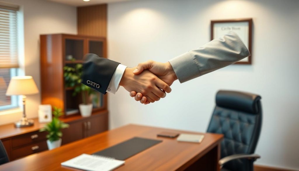 A serene corporate office with an elegant wooden desk, a potted plant, and a framed certificate on the wall, all bathed in soft, warm lighting. In the foreground, a handshake between two business professionals symbolizes the trust and collaboration at the heart of a thriving enterprise. The scene exudes a sense of professionalism, stability, and confidence, embodying the principles of trust-based business management. A serene corporate office with an elegant wooden desk, a potted plant, and a framed certificate on the wall, all bathed in soft, warm lighting. In the foreground, a handshake between two business professionals symbolizes the trust and collaboration at the heart of a thriving enterprise. The scene exudes a sense of professionalism, stability, and confidence, embodying the principles of trust-based business management.