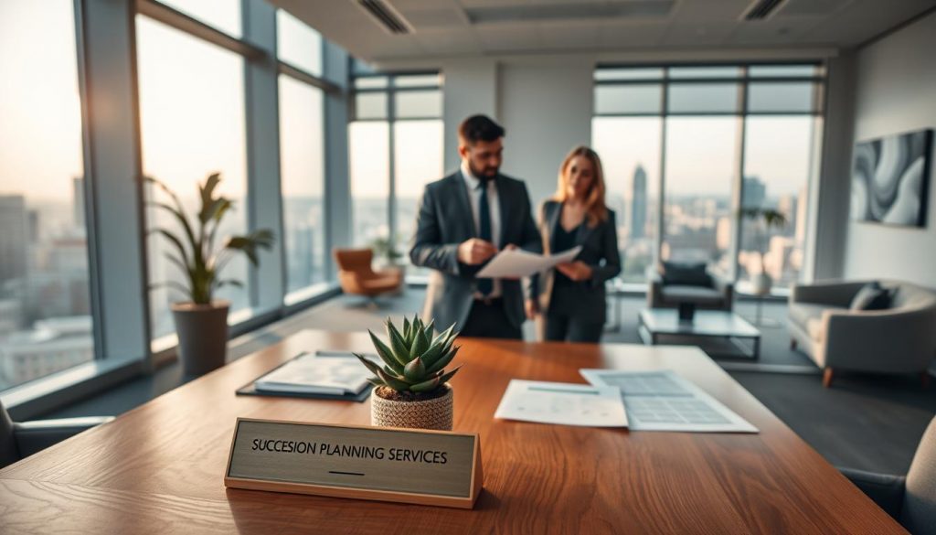 A serene corporate office with floor-to-ceiling windows, bathed in warm, natural lighting. In the foreground, a polished oak desk with a laptop, paperwork, and a well-manicured succulent plant. On the desk, a simple, elegant brass nameplate reads "Succession Planning Services". In the middle ground, two professionals, a man and a woman, are engaged in a thoughtful discussion, gesturing towards the documents before them. The background features modern, minimalist decor - sleek furniture, abstract art, and a panoramic view of a bustling city skyline, hinting at the far-reaching impact of their work. A serene corporate office with floor-to-ceiling windows, bathed in warm, natural lighting. In the foreground, a polished oak desk with a laptop, paperwork, and a well-manicured succulent plant. On the desk, a simple, elegant brass nameplate reads "Succession Planning Services". In the middle ground, two professionals, a man and a woman, are engaged in a thoughtful discussion, gesturing towards the documents before them. The background features modern, minimalist decor - sleek furniture, abstract art, and a panoramic view of a bustling city skyline, hinting at the far-reaching impact of their work.