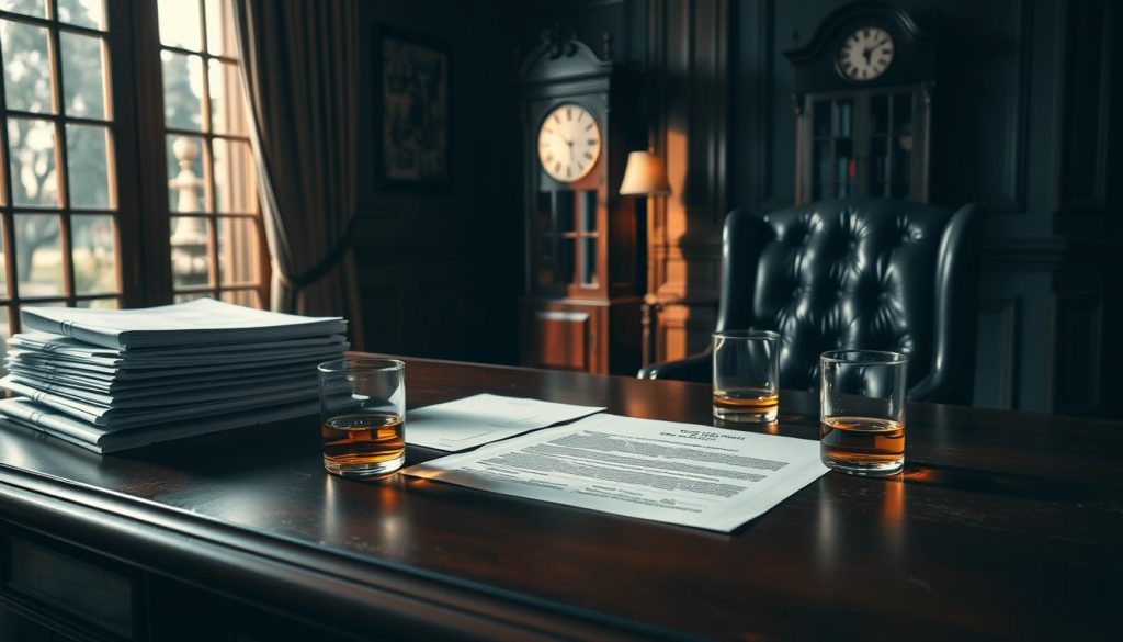 A serene, dimly lit study with a large mahogany desk, a leather armchair, and an ornate grandfather clock in the background. On the desk, a stack of financial documents and a glass of whiskey sit next to a meticulously crafted whole life insurance policy document. Soft, warm lighting casts shadows across the room, creating a contemplative atmosphere. The focal point is the insurance policy, its details visible but not overwhelmed by the surrounding elements, symbolizing the thoughtful consideration of inheritance tax implications.