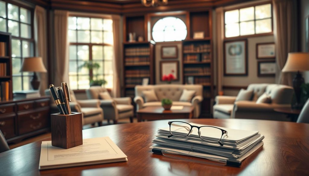 A serene, elegant estate planning office with warm, natural lighting filtering through large windows. The foreground features a wooden desk with a stylized pen holder, a stack of legal documents, and a pair of reading glasses. The middle ground showcases a bookshelf filled with law books and professional certificates framed on the walls. In the background, a cozy sitting area with plush chairs and a coffee table, creating an atmosphere of trust and expertise. The overall mood is one of trust, professionalism, and attention to detail, reflecting the crucial role of estate planning in safeguarding one's legacy.