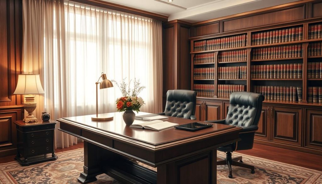 A serene, elegant office interior with a large wooden desk, a plush leather chair, and a bookshelf filled with legal tomes. The desk is adorned with a vase of fresh flowers, a brass desk lamp, and neatly arranged documents and a tablet, conveying a sense of meticulous trust planning. Soft, indirect lighting filters through sheer curtains, creating a warm, inviting atmosphere. The walls are paneled in rich, dark wood, and the floor is covered in a plush, patterned rug. The overall impression is one of professionalism, attention to detail, and a commitment to safeguarding the client's future.