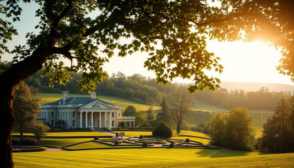 A serene estate nestled in a lush, verdant landscape, the sun's golden rays filtering through the canopy of trees. In the foreground, a stately manor house stands proudly, its classical architecture and ornate details reflecting the wealth and prestige of its owners. Surrounding the estate, neatly manicured gardens and rolling hills create a harmonious, picturesque scene, evoking a sense of security and tranquility. In the background, a faint silhouette of a family gathering, their figures blurred, suggesting the intergenerational transfer of assets and the enduring legacy of the trust. The overall atmosphere conveys a sense of stability, tradition, and the careful stewardship of wealth. A serene estate nestled in a lush, verdant landscape, the sun's golden rays filtering through the canopy of trees. In the foreground, a stately manor house stands proudly, its classical architecture and ornate details reflecting the wealth and prestige of its owners. Surrounding the estate, neatly manicured gardens and rolling hills create a harmonious, picturesque scene, evoking a sense of security and tranquility. In the background, a faint silhouette of a family gathering, their figures blurred, suggesting the intergenerational transfer of assets and the enduring legacy of the trust. The overall atmosphere conveys a sense of stability, tradition, and the careful stewardship of wealth.
