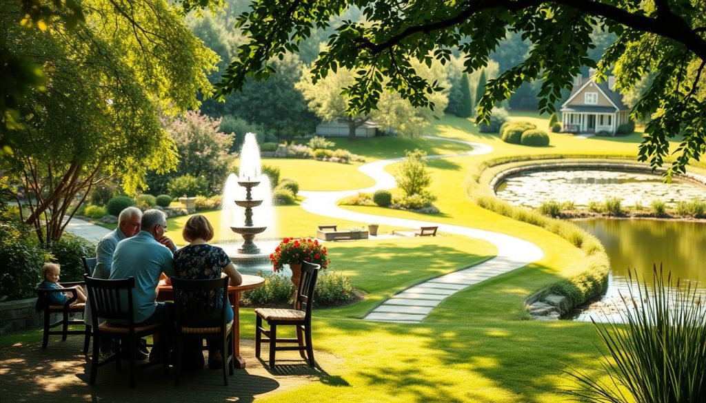 A serene garden scene, sunlight filtering through lush foliage, highlighting a central fountain. In the foreground, a family gathers around a wooden table, engaged in thoughtful discussion, conveying a sense of trust and care. The middle ground features a winding path leading towards a modest yet elegant manor house, symbolic of the secure future enabled by a well-planned trust will. The background showcases a tranquil pond, its still surface reflecting the surrounding natural beauty, evoking a sense of enduring legacy. The overall composition conveys the benefits of a trust will, where love, security, and generational continuity converge. A serene garden scene, sunlight filtering through lush foliage, highlighting a central fountain. In the foreground, a family gathers around a wooden table, engaged in thoughtful discussion, conveying a sense of trust and care. The middle ground features a winding path leading towards a modest yet elegant manor house, symbolic of the secure future enabled by a well-planned trust will. The background showcases a tranquil pond, its still surface reflecting the surrounding natural beauty, evoking a sense of enduring legacy. The overall composition conveys the benefits of a trust will, where love, security, and generational continuity converge.