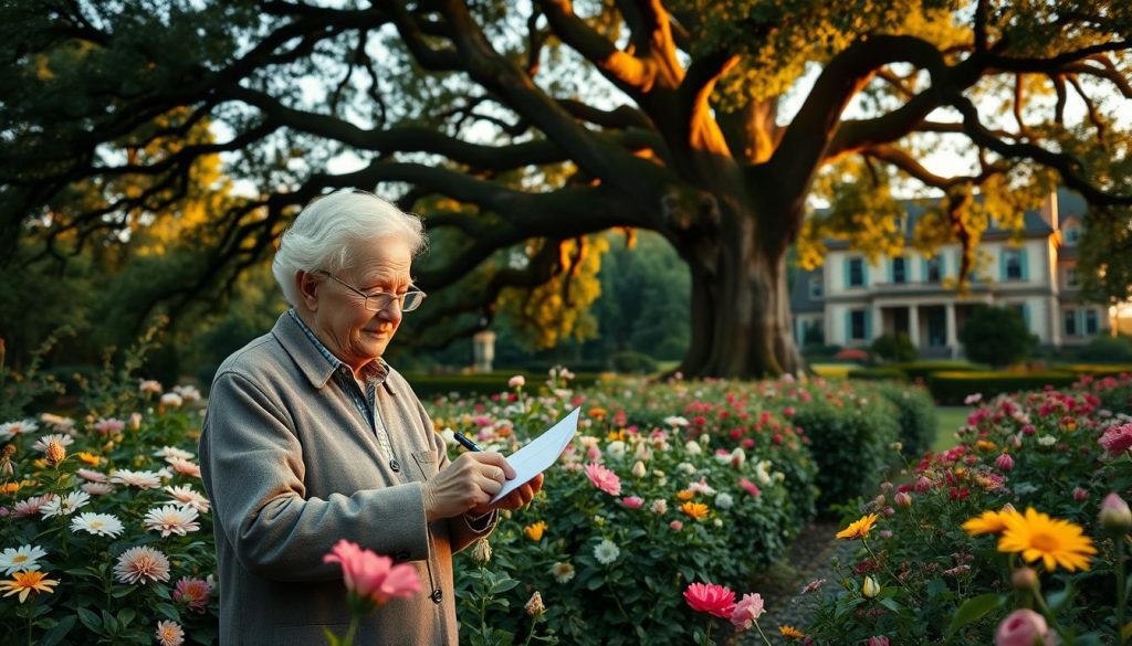 A serene garden setting, lush with blooming flowers and verdant foliage. In the foreground, a philanthropist hand-writes a check, their expression conveying a sense of fulfillment. Behind them, a majestic oak tree casts a warm, golden glow, symbolizing the long-term impact of their charitable contribution. In the distance, a stately manor house hints at the wealth that will be preserved through the strategic use of inheritance tax savings. The composition is balanced, with a sense of tranquility and purpose, conveying the idea of responsible stewardship of one's assets.