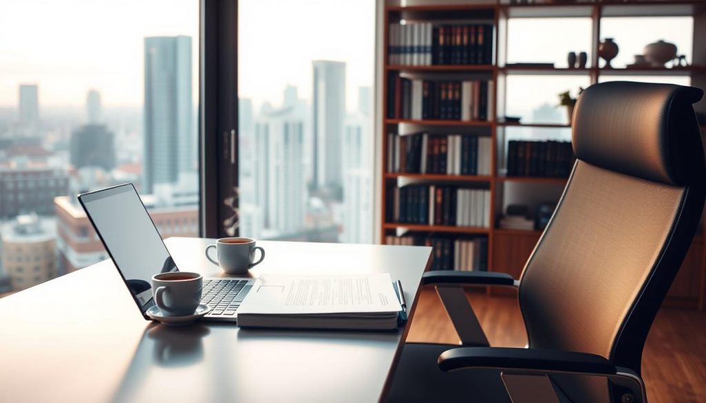 A serene home office scene, with a sleek, modern desk and ergonomic chair in the foreground. On the desk, a laptop and a folder labeled "Capital Gains Tax Extension" sit alongside a cup of steaming coffee. Soft, warm lighting fills the room, creating a contemplative atmosphere. In the middle ground, a bookshelf stands, filled with finance-related volumes, hinting at the complex nature of the task at hand. The background features a large window, providing a view of a bustling city skyline, suggesting the broader economic context. The overall composition conveys a sense of focus, professionalism, and the importance of understanding the intricate details of the capital gains tax extension process.