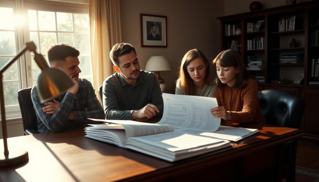A serene home office setting, the afternoon sun filtering through the windows. On a wooden desk, three siblings gather around a stack of documents, expressions earnest as they discuss the division of their late parent's inheritance. One sibling gestures, explaining a point, while the others listen intently, brows furrowed in concentration. The room is warm and inviting, a gentle reminder of the family bonds that endure even in times of financial transition. Soft shadows cast by the desk lamp create a contemplative atmosphere, as the siblings navigate this sensitive and meaningful process.