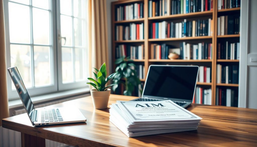 A serene home office with a wooden desk displaying a laptop, a potted plant, and a stack of AIM (Alternative Investment Market) share certificates, all bathed in soft, natural light streaming through a large window. The background features a bookshelf filled with finance-related books, creating an atmosphere of thoughtful investment planning. The composition emphasizes the importance of AIM shares in minimizing inheritance tax, with the shares taking center stage on the desk.