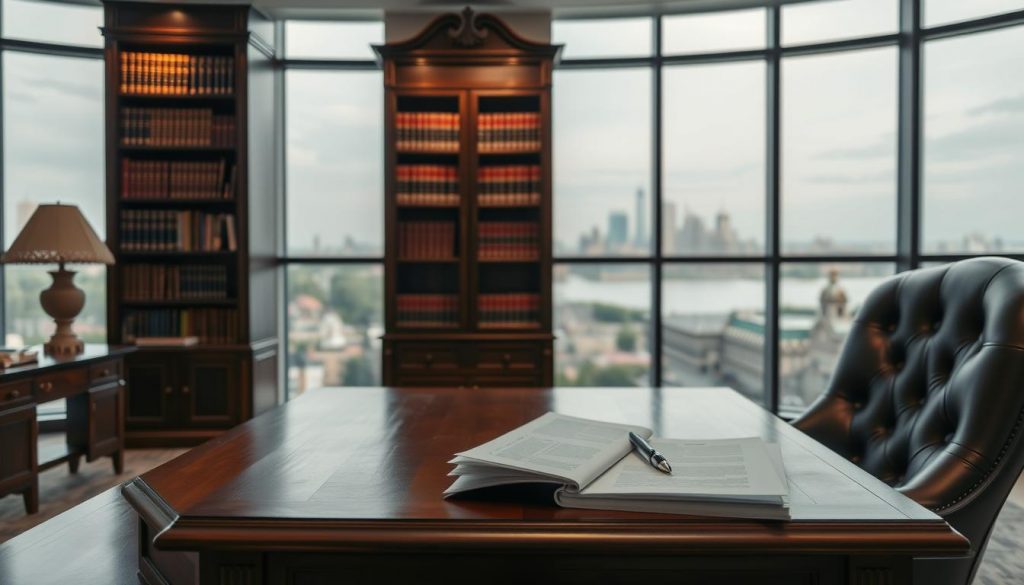 A serene legal office setting, with a wooden desk and plush leather armchair in the foreground. On the desk, a stack of documents and a pen, symbolizing the trust administration process. The middle ground features a large, ornate bookcase filled with legal tomes, casting a warm, authoritative glow. In the background, floor-to-ceiling windows offer a picturesque view of a tranquil urban landscape, hinting at the careful balance of financial and personal matters involved in an interest in possession trust. Soft, diffused lighting illuminates the scene, creating an atmosphere of professionalism and expertise.