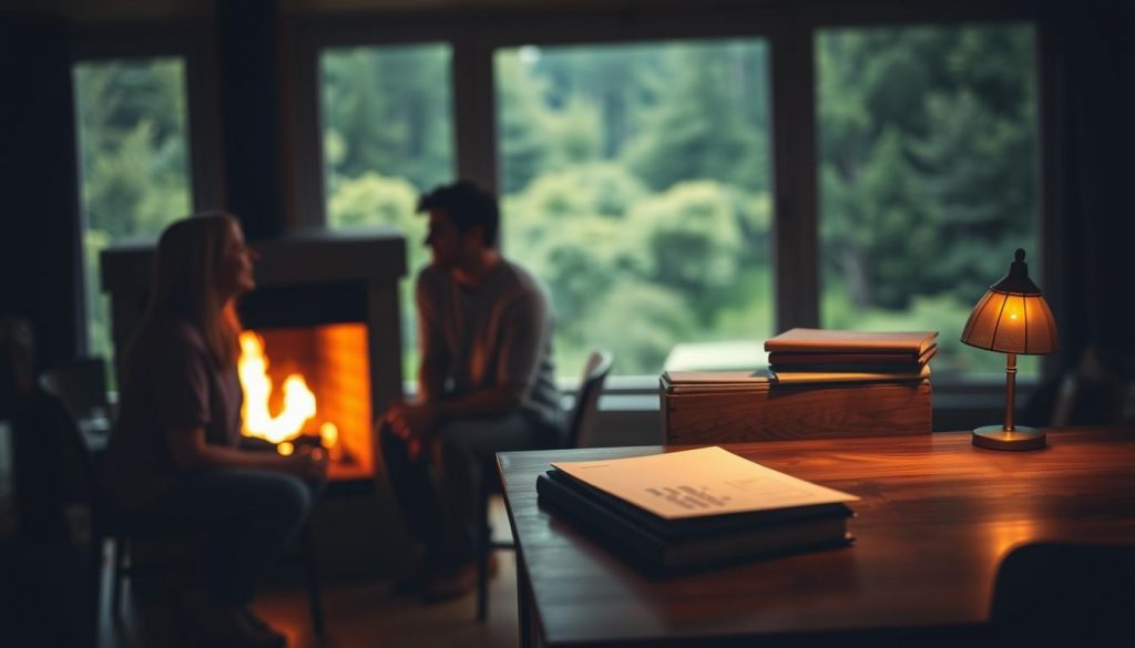 A serene life insurance trust benefits visualization. In the foreground, a family gathered around a warm fireplace, their faces aglow with contentment. In the middle ground, a sturdy wooden desk holds carefully organized documents, symbolizing the secure financial future they've built. The background features a lush, verdant landscape, hinting at the peace of mind this trust provides. Soft, diffused lighting creates a cozy, inviting atmosphere, while a wide-angle lens captures the holistic scene. The overall mood is one of security, stability, and the cherished connection between loved ones, perfectly encapsulating the reasons to set up a life insurance trust. A serene life insurance trust benefits visualization. In the foreground, a family gathered around a warm fireplace, their faces aglow with contentment. In the middle ground, a sturdy wooden desk holds carefully organized documents, symbolizing the secure financial future they've built. The background features a lush, verdant landscape, hinting at the peace of mind this trust provides. Soft, diffused lighting creates a cozy, inviting atmosphere, while a wide-angle lens captures the holistic scene. The overall mood is one of security, stability, and the cherished connection between loved ones, perfectly encapsulating the reasons to set up a life insurance trust.