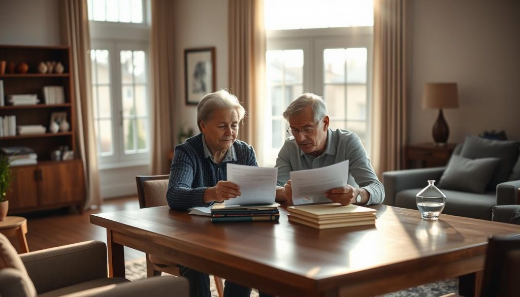A serene living room with two adults seated at a wooden table, deep in discussion over financial documents. Soft natural light filters through large windows, casting a warm glow on the scene. The room is furnished with tasteful, mid-century modern decor, creating an atmosphere of quiet contemplation. The couple's expressions convey a sense of understanding and shared purpose as they navigate the complexities of tenants-in-common arrangements to optimize their inheritance tax planning. The overall composition evokes a sense of thoughtful deliberation and familial harmony. A serene living room with two adults seated at a wooden table, deep in discussion over financial documents. Soft natural light filters through large windows, casting a warm glow on the scene. The room is furnished with tasteful, mid-century modern decor, creating an atmosphere of quiet contemplation. The couple's expressions convey a sense of understanding and shared purpose as they navigate the complexities of tenants-in-common arrangements to optimize their inheritance tax planning. The overall composition evokes a sense of thoughtful deliberation and familial harmony.