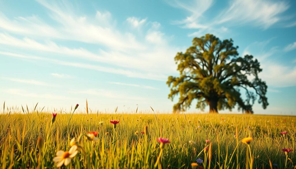 A serene meadow, with lush green grass and vibrant wildflowers in the foreground. In the middle ground, a sturdy oak tree stands tall, its branches reaching up to the sky, symbolizing the strength and steadfastness of a trust. The background is a tranquil, blue sky with wispy clouds, creating a calming and peaceful atmosphere. The lighting is soft and natural, with warm tones that give the scene a sense of trust and security. The overall composition conveys the key components of a trust: stability, protection, and a sense of confidence in the future.