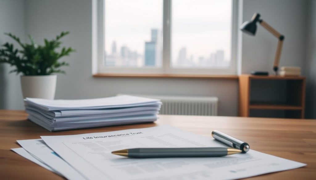 A serene, minimal office interior with a wooden desk, a potted plant, and a lamp. In the foreground, a stack of financial documents and a pen, representing the complexities of a life insurance trust and its tax implications. The middle ground features a window overlooking a tranquil, blurred cityscape, suggesting the broader context in which these financial decisions are made. The lighting is soft and diffused, creating a thoughtful, contemplative atmosphere.