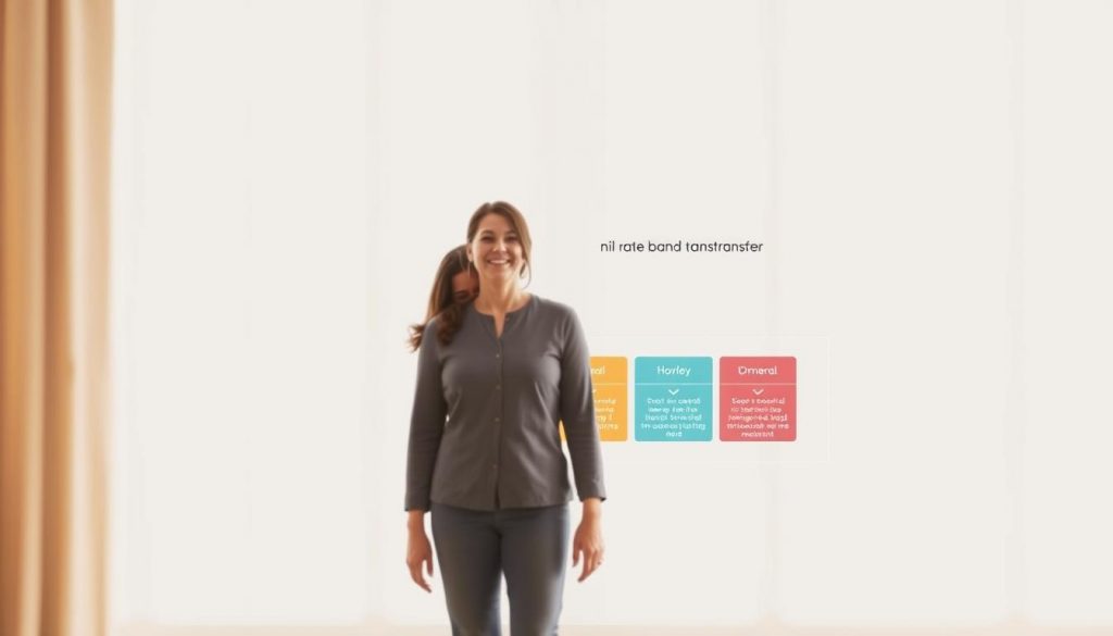 A serene, minimalist illustration showcasing the impact of nil rate band transfer on inheritance tax. In the foreground, a couple standing hand-in-hand, their warm expressions conveying the importance of this financial decision. The middle ground features a detailed, yet clean diagram depicting the nil rate band transfer process, with clear, color-coded sections illustrating the key components. The background is a softly blurred, neutral palette, allowing the focal points to stand out. Subtle lighting creates depth and highlights the clean, modern aesthetic. The overall mood is one of clarity, understanding, and financial security.