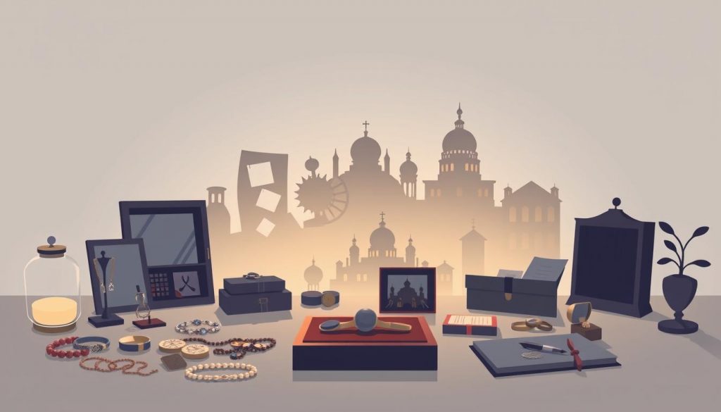 A serene, minimalist illustration showcasing various exempt assets from inheritance tax in the UK. In the foreground, a carefully arranged display of personal items such as jewelry, heirlooms, and precious collectibles, all bathed in soft, warm lighting. The middle ground features silhouettes of financial documents, investment portfolios, and real estate deeds, symbolizing the intangible wealth that is often exempt. The background subtly fades into a neutral, tranquil environment, emphasizing the importance of these protected assets in one's legacy. The overall composition conveys a sense of security, wealth preservation, and the thoughtful planning required for a smooth intergenerational transfer of assets.