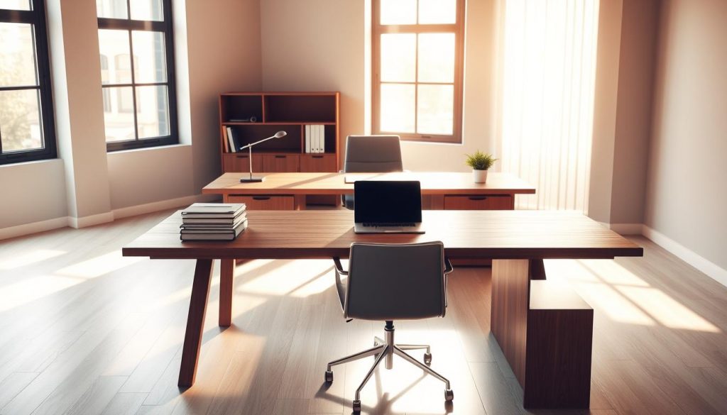 A serene, minimalist office interior with an expansive oak desk and a sleek, modern chair. The desk is adorned with a neat stack of legal documents, a laptop, and a small potted plant. The room is bathed in warm, natural light filtering through large windows, casting a soft glow on the scene. The walls are a calming, neutral shade, emphasizing the clean, uncluttered aesthetic. The atmosphere conveys a sense of tranquility and professionalism, ideal for discussing sensitive financial matters in the aftermath of a divorce.