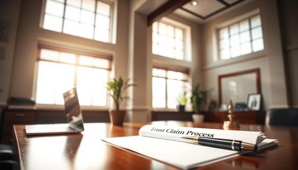 A serene office interior, bathed in warm, natural lighting filtering through large windows. On a polished wooden desk, a stack of documents labeled "Trust Claim Process" sits alongside a laptop, a fountain pen, and a tasteful potted plant. The atmosphere conveys a sense of professionalism and attention to detail, with clean lines and muted tones creating a calming, trustworthy environment. The camera angle offers a slightly elevated perspective, giving the scene an authoritative, yet approachable feel. This image aims to visually represent the methodical, secure nature of initiating a trust claim. A serene office interior, bathed in warm, natural lighting filtering through large windows. On a polished wooden desk, a stack of documents labeled "Trust Claim Process" sits alongside a laptop, a fountain pen, and a tasteful potted plant. The atmosphere conveys a sense of professionalism and attention to detail, with clean lines and muted tones creating a calming, trustworthy environment. The camera angle offers a slightly elevated perspective, giving the scene an authoritative, yet approachable feel. This image aims to visually represent the methodical, secure nature of initiating a trust claim.