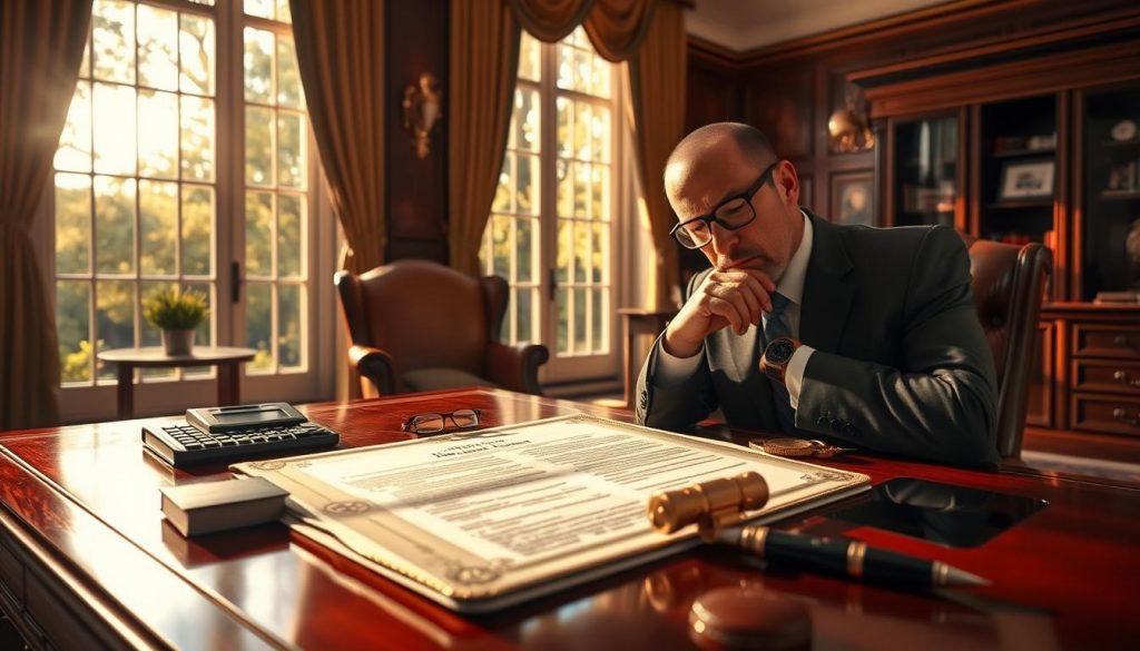 A serene office interior with a grand mahogany desk and leather armchair. Sunlight streams through large windows, casting a warm glow on the ornate brass and glass details of a family trust document. Atop the desk, a calculator, a pen, and a thoughtful expression on the face of a financial advisor, deep in contemplation of the complex interplay between trust funds and inheritance tax.