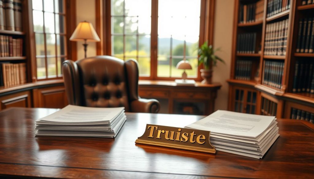 A serene office scene with a large oak desk, a leather armchair, and bookshelves lining the walls. Soft, warm lighting creates a cozy, professional atmosphere. On the desk, a stack of legal documents and a brass nameplate reading "Trustee" sits in the foreground. Through the window, a picturesque garden can be seen, hinting at the tranquility and responsibility that comes with the role of a trust administrator. The overall composition conveys a sense of trusted expertise and measured care in handling important financial matters. A serene office scene with a large oak desk, a leather armchair, and bookshelves lining the walls. Soft, warm lighting creates a cozy, professional atmosphere. On the desk, a stack of legal documents and a brass nameplate reading "Trustee" sits in the foreground. Through the window, a picturesque garden can be seen, hinting at the tranquility and responsibility that comes with the role of a trust administrator. The overall composition conveys a sense of trusted expertise and measured care in handling important financial matters.