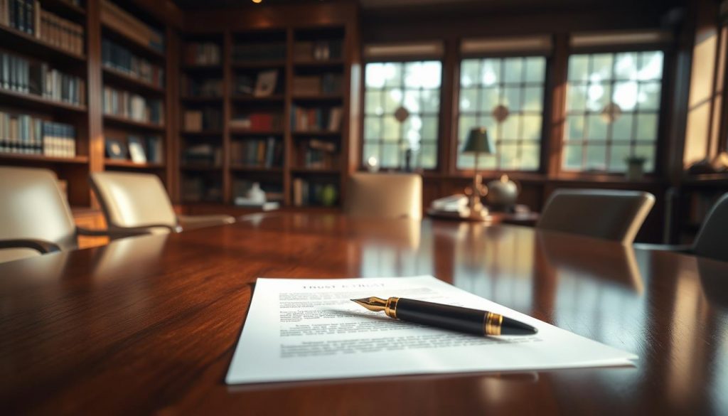 A serene office setting, soft natural light filtering through large windows, illuminating a polished mahogany desk. At the center, a well-crafted quill pen rests atop legal documents, symbolizing the thoughtful creation of a trust. In the background, bookshelves line the walls, conveying a sense of expertise and authority. The mood is one of professionalism, trust, and the careful consideration of financial matters. The composition is balanced, with the desk and documents occupying the foreground, while the shelves and lighting create a harmonious backdrop, all captured through a medium-wide lens for an impactful, yet refined, visual representation of the trust creation process. A serene office setting, soft natural light filtering through large windows, illuminating a polished mahogany desk. At the center, a well-crafted quill pen rests atop legal documents, symbolizing the thoughtful creation of a trust. In the background, bookshelves line the walls, conveying a sense of expertise and authority. The mood is one of professionalism, trust, and the careful consideration of financial matters. The composition is balanced, with the desk and documents occupying the foreground, while the shelves and lighting create a harmonious backdrop, all captured through a medium-wide lens for an impactful, yet refined, visual representation of the trust creation process.