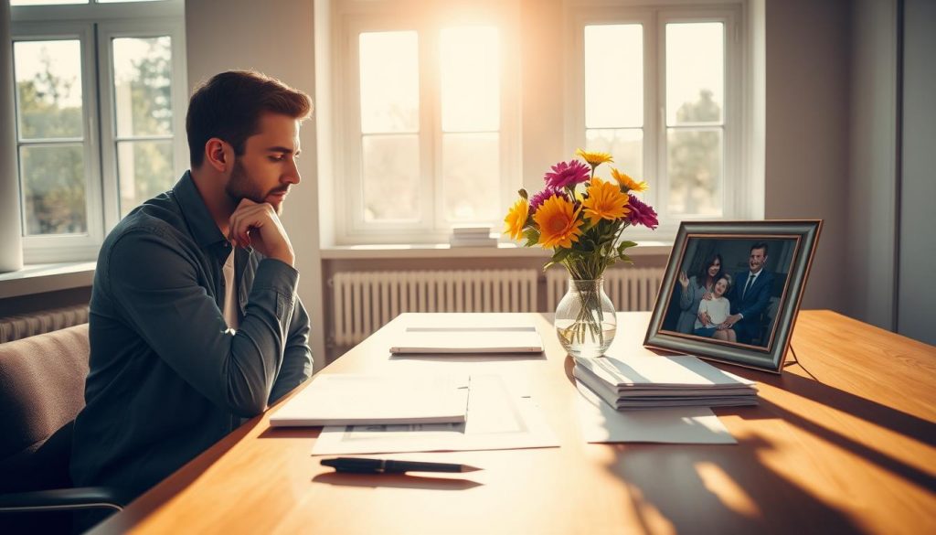 A serene office setting, sunlight streaming through large windows. On the desk, a laptop displays financial documents, alongside a pen and a stack of papers. In the foreground, a person sits contemplating, their expression pensive yet determined. Strategically placed on the desk, a vase of vibrant flowers and a framed photograph of a happy family. The warm tones and clean, minimalist design evoke a sense of thoughtfulness and financial savvy. The overall scene conveys the notion of reducing inheritance tax liability through charitable donations, a tax-efficient strategy to protect one's family's wealth. A serene office setting, sunlight streaming through large windows. On the desk, a laptop displays financial documents, alongside a pen and a stack of papers. In the foreground, a person sits contemplating, their expression pensive yet determined. Strategically placed on the desk, a vase of vibrant flowers and a framed photograph of a happy family. The warm tones and clean, minimalist design evoke a sense of thoughtfulness and financial savvy. The overall scene conveys the notion of reducing inheritance tax liability through charitable donations, a tax-efficient strategy to protect one's family's wealth.