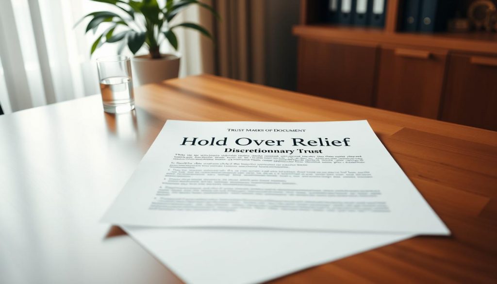 A serene office setting with a wooden desk, a plant on the corner, and a glass of water. In the center, a document titled "Hold Over Relief Discretionary Trust" sits on the desk, its contents visible but not legible. The lighting is soft and natural, creating a warm, professional atmosphere. The angle is slightly elevated, giving a sense of importance to the document. The focus is on the trust document, conveying the concept of "Hold Over Relief" in a visually compelling and understated manner.