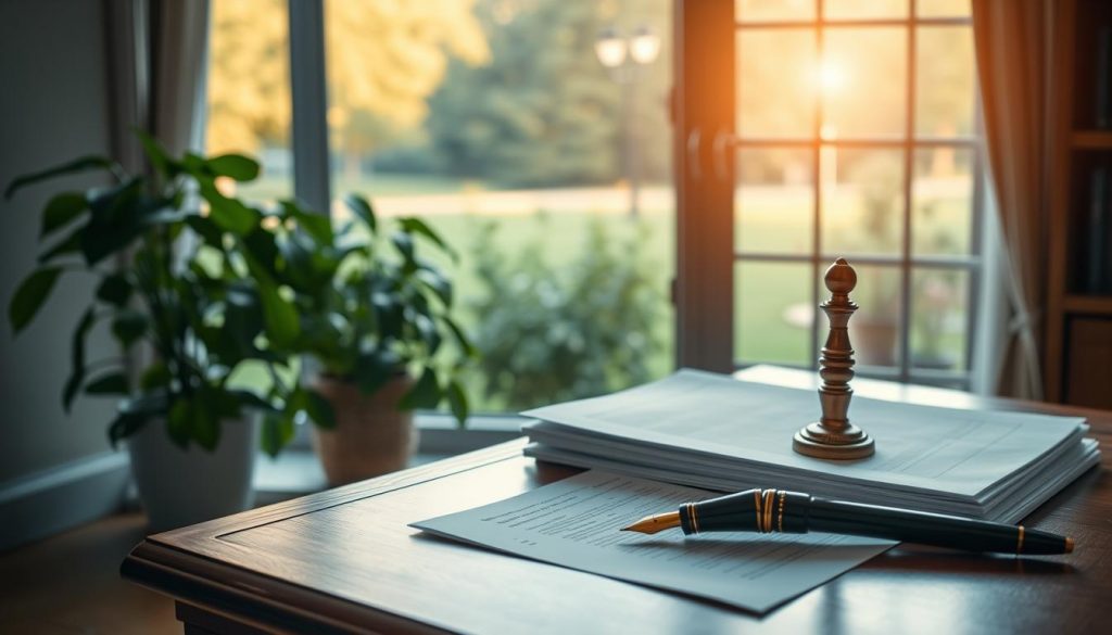 A serene office setting, with a wooden desk and a lush potted plant. On the desk, a stack of legal documents and an ornate fountain pen, symbolizing the process of estate planning. In the background, a large window overlooking a tranquil garden, bathed in warm, natural light. The overall atmosphere conveys a sense of thoughtfulness and care, reflecting the gravity of the topic of life insurance and inheritance tax.