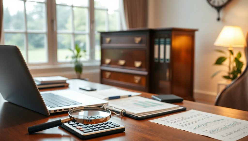 A serene office setting with an elegant wooden desk, a laptop, and various accounting documents neatly arranged. In the foreground, a magnifying glass and a calculator symbolize the meticulous attention to detail required in trust accounting. The middle ground features a bespoke filing cabinet, hinting at the organizational prowess of the trust accountant. The background is softly lit, creating a warm, professional atmosphere, with a large window overlooking a tranquil garden, suggesting the sense of trust and responsibility inherent in the role. The overall composition conveys the trust accounting functions of managing and safeguarding financial assets on behalf of clients. A serene office setting with an elegant wooden desk, a laptop, and various accounting documents neatly arranged. In the foreground, a magnifying glass and a calculator symbolize the meticulous attention to detail required in trust accounting. The middle ground features a bespoke filing cabinet, hinting at the organizational prowess of the trust accountant. The background is softly lit, creating a warm, professional atmosphere, with a large window overlooking a tranquil garden, suggesting the sense of trust and responsibility inherent in the role. The overall composition conveys the trust accounting functions of managing and safeguarding financial assets on behalf of clients.