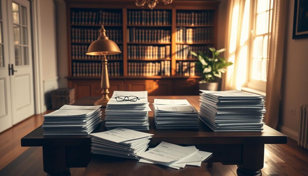 A serene room bathed in warm, golden light, with a large wooden table at the center. Atop the table, stacks of envelopes and donation forms are neatly arranged, alongside a vintage brass lamp and a pair of reading glasses. In the background, a bookshelf filled with leather-bound volumes and a potted plant add a touch of sophistication. The atmosphere is one of quiet contemplation and the importance of giving back to the community.